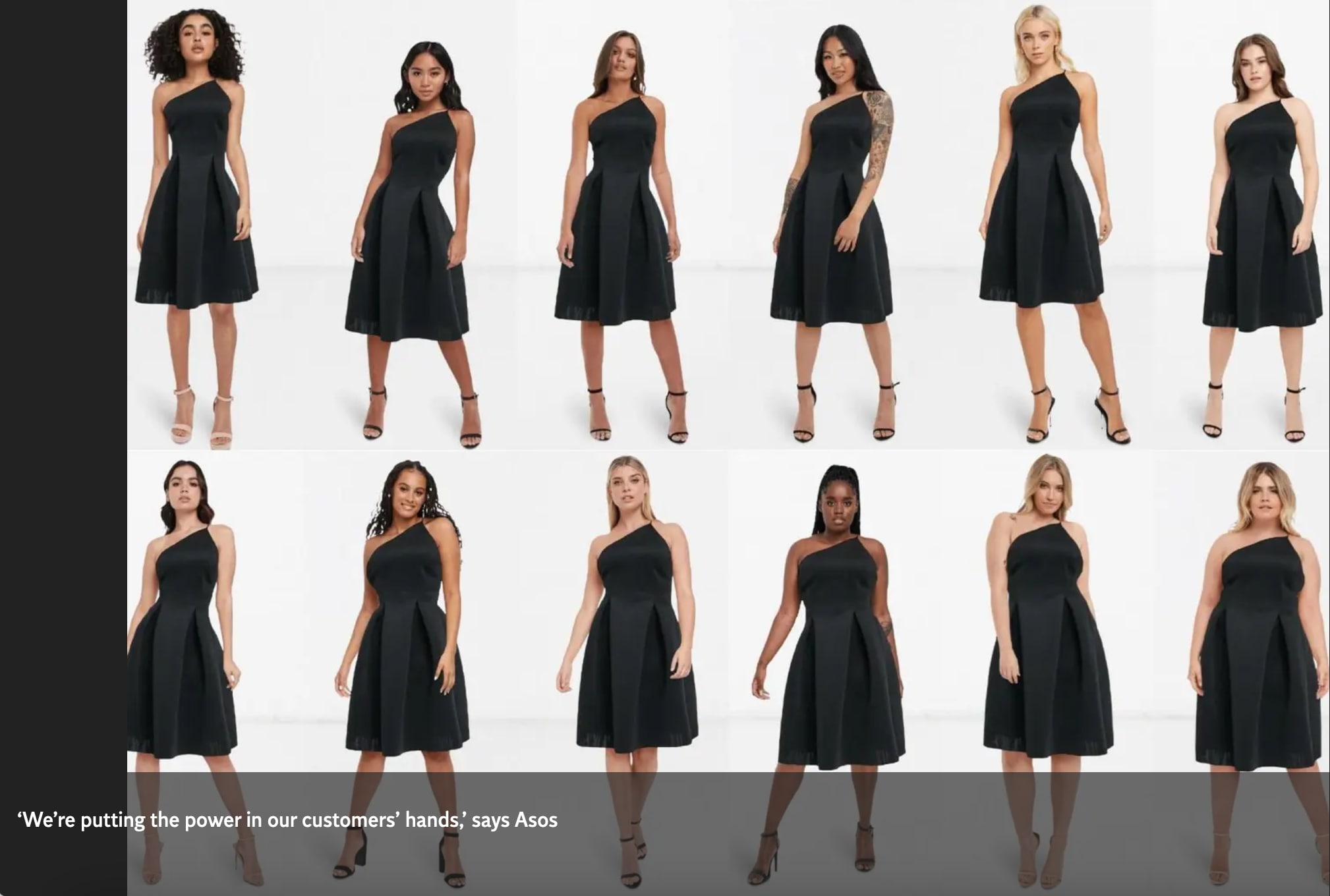 12 women all wearing the same black dress, showing how it looks on different body types