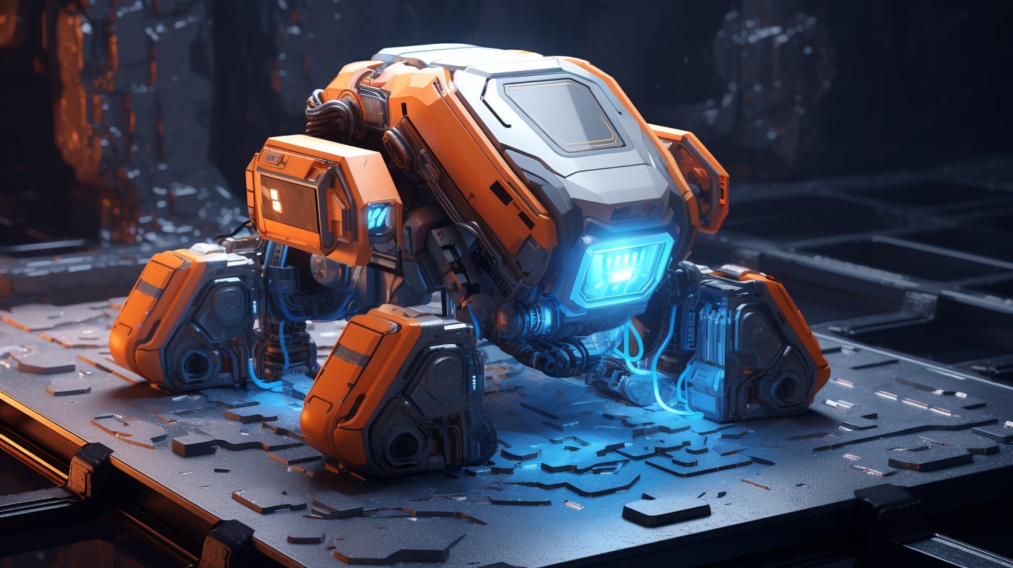 A futuristic mining robot equipped with advanced tools, illustrating the advanced capabilities of Octane AI’s Insights Analyst