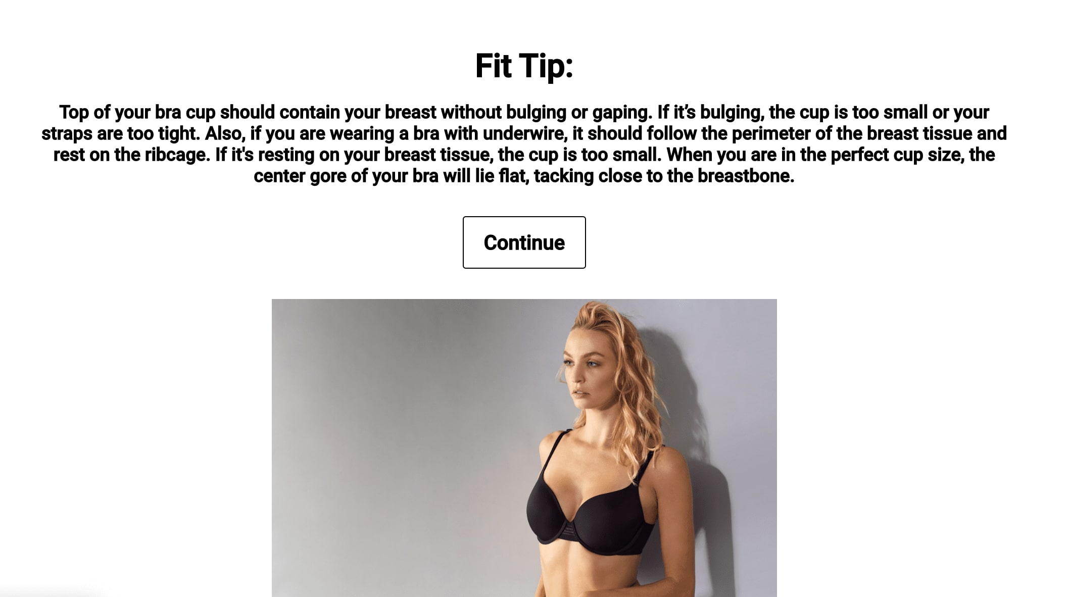 Apparel quiz - Le Mystere screenshot of their quiz providing a fitting tip
