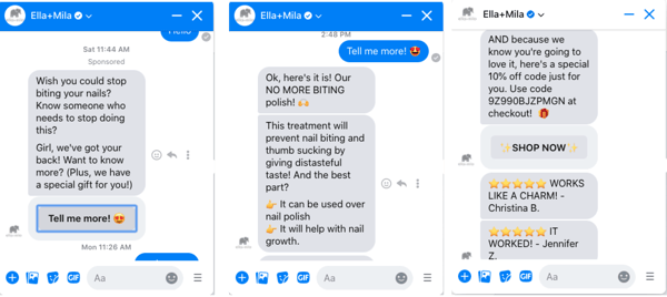 Ella + Mila Sponsored Message exmaple