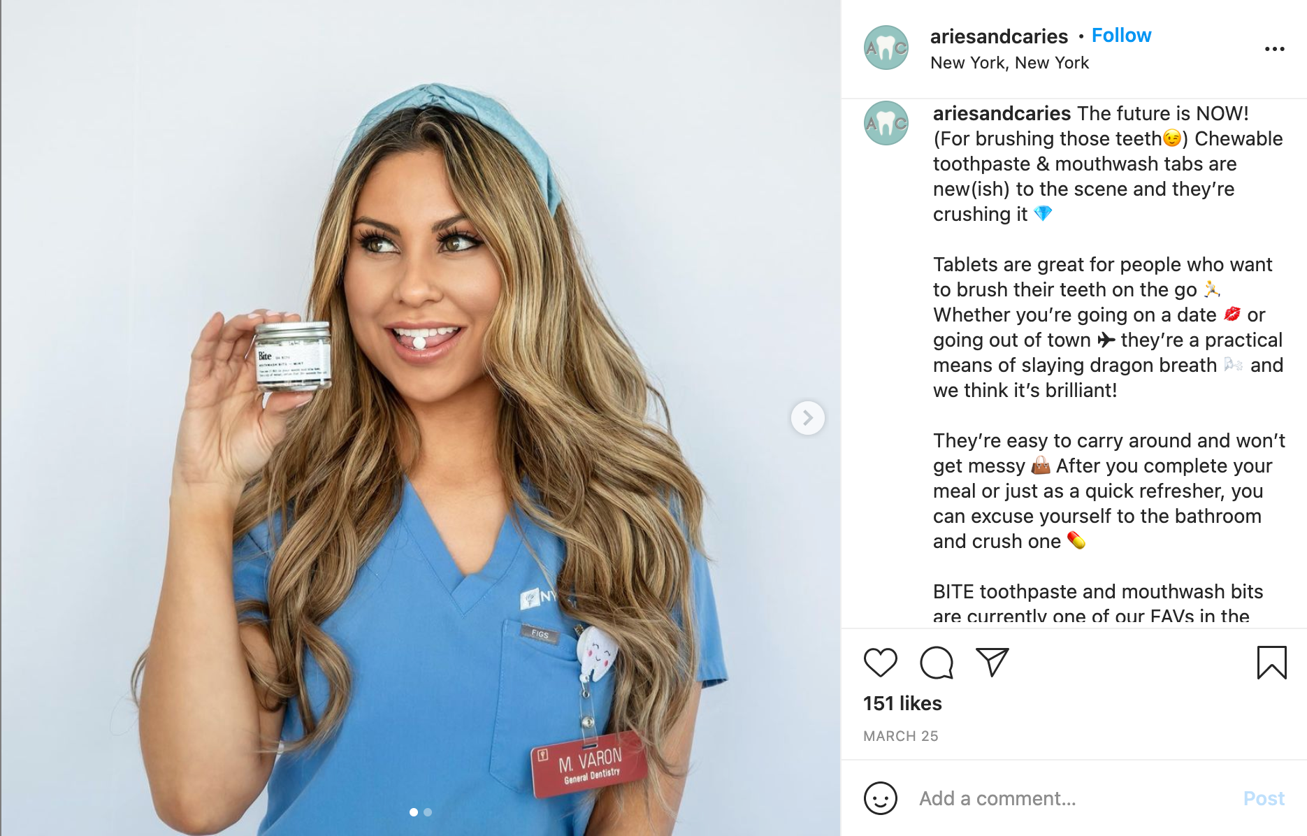 Girl with long blonde hair holding a bottle of Bite toothpaste tabs, smiling with one in her mouth