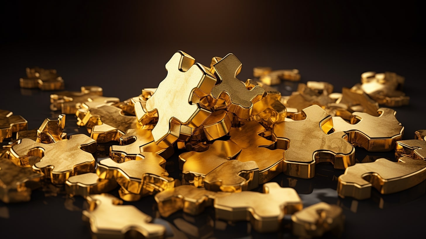 Gold nuggets shaped as puzzle pieces, signifying the valuable insights obtained from review mining
