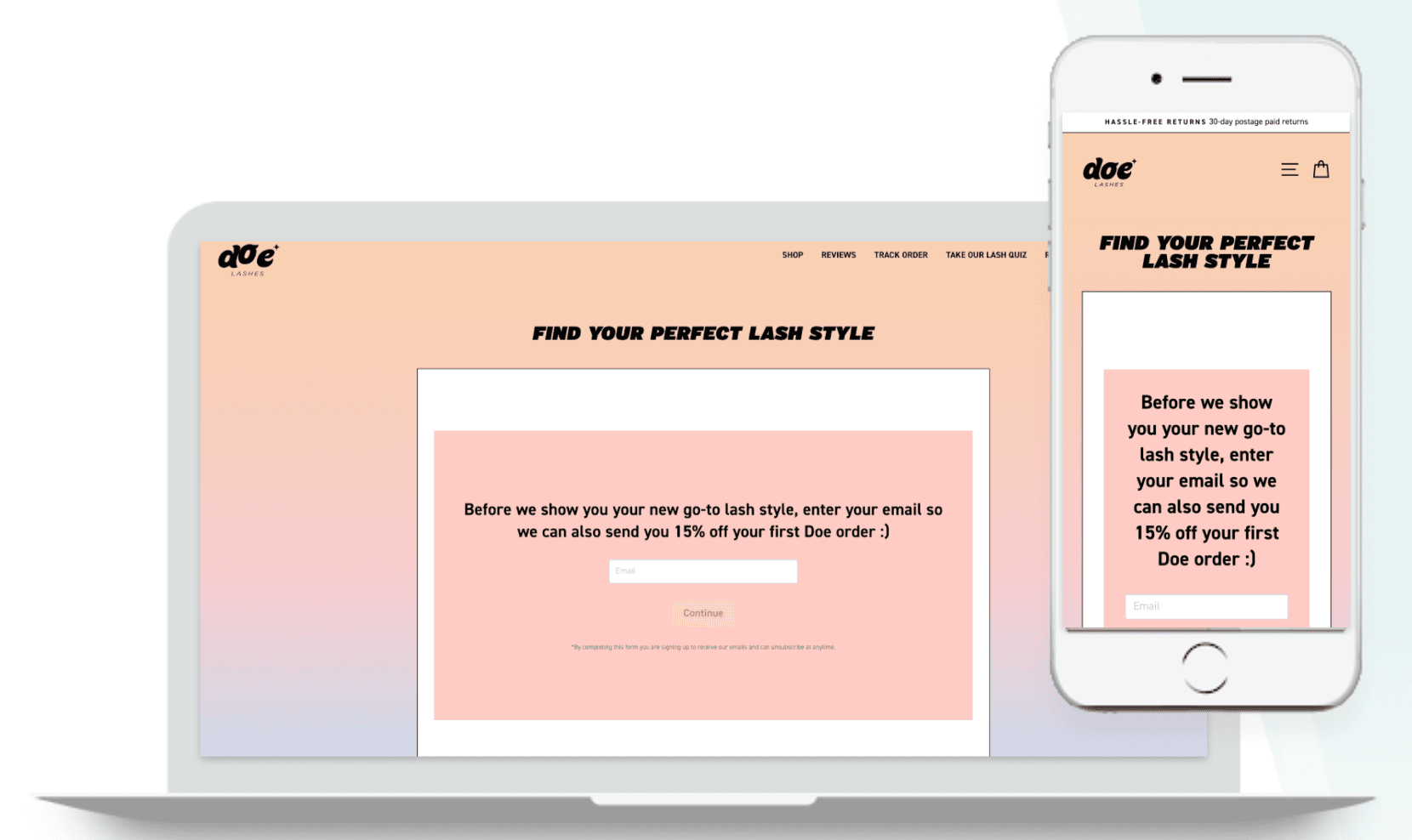 Graphic showing Doe Lashes quiz page that asks the customer for their email for 15% off their order