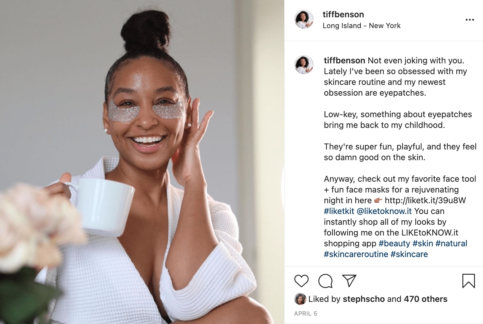 Instagram Post featuring a woman with a coffee mug smiling. Under her eyes she is using SiO Beauty eyepatches. They are grey and sparkly