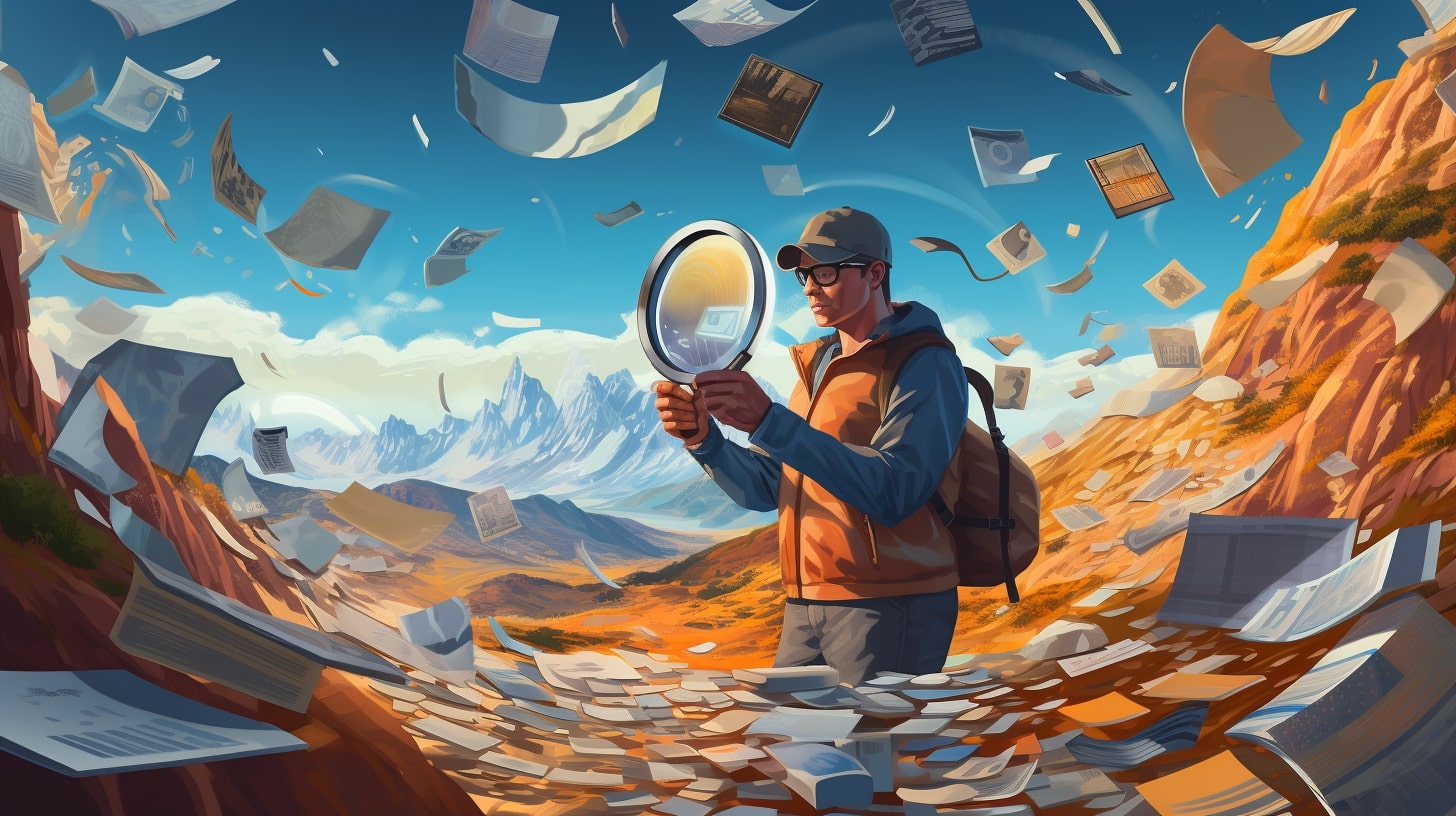 A digital prospector looking for reviews through a magnifying glass