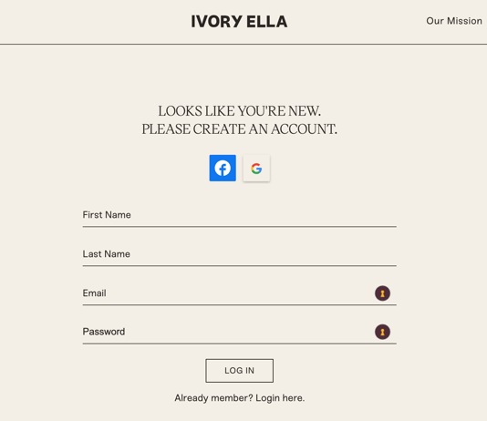 Ivory ella loyalty program registration page