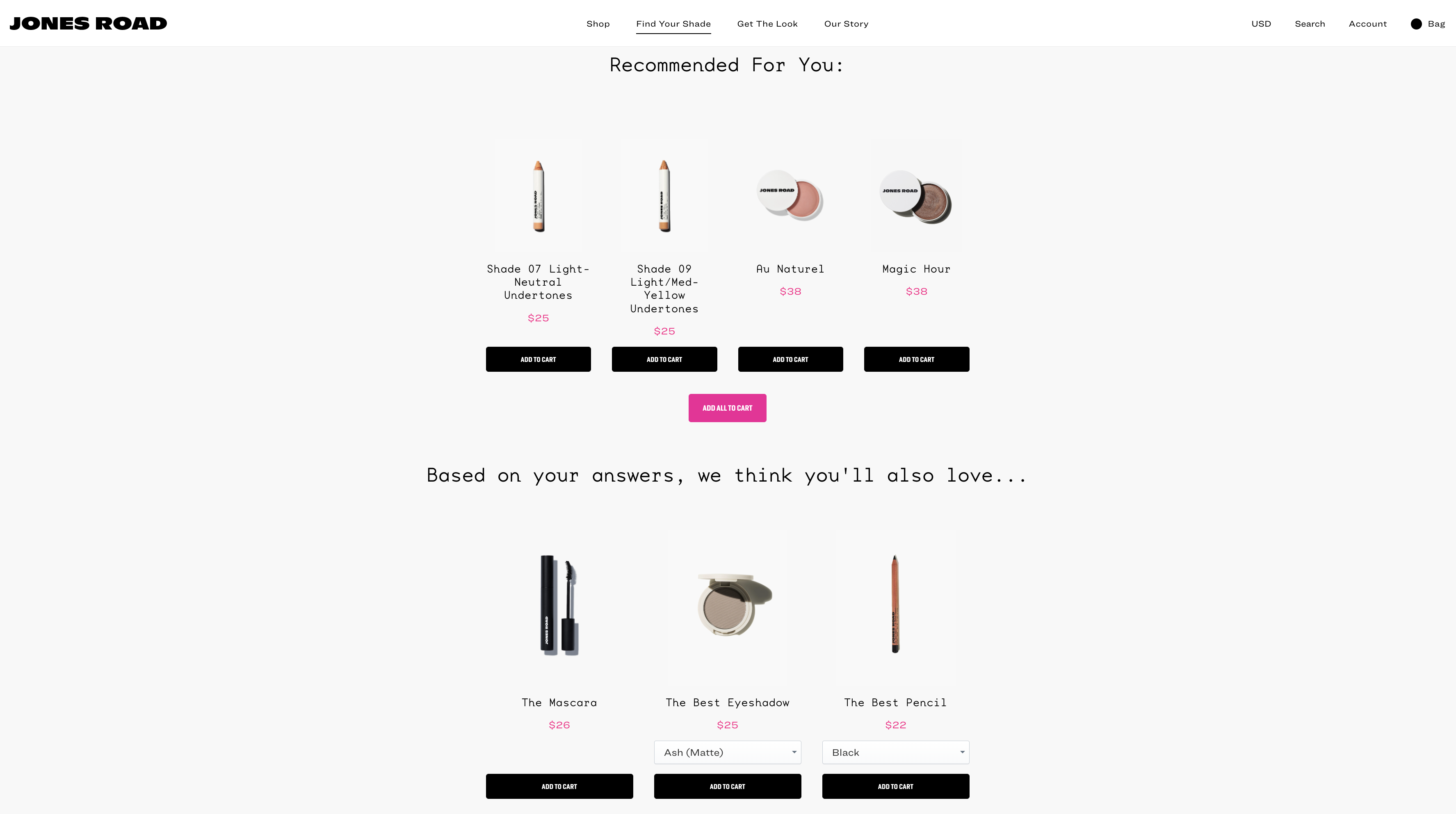 Jones Road Beauty product recommendation quiz results page example