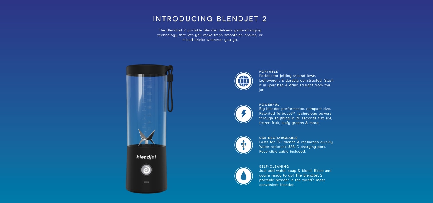 Screenshot of Blendjets homepage showing the Blendjet and its features