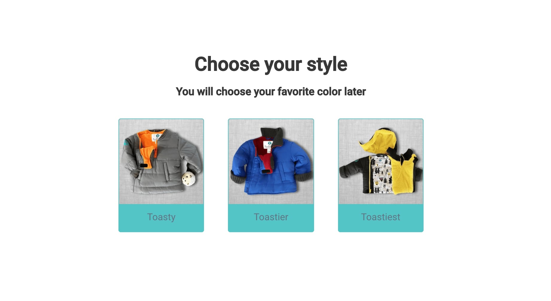 Screenshot of Buckle Me Baby Coats quiz page online. The question asks to choose your favorite style and shows three images of baby coats to choose from.