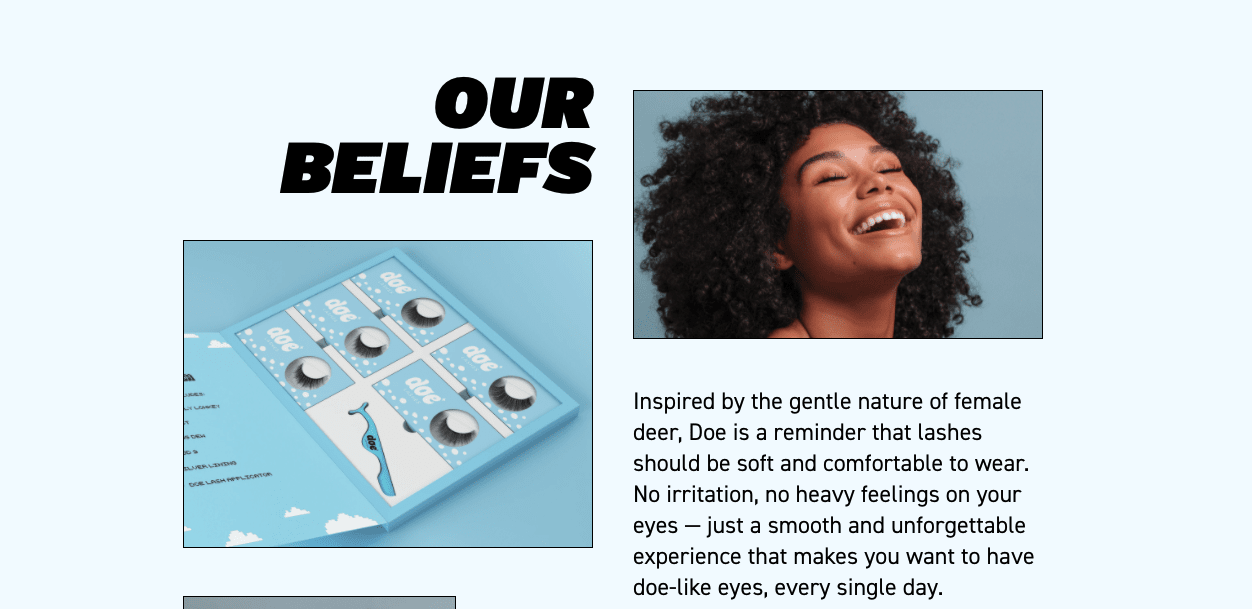 Screenshot of Doe Lashes rewards page that shares their company beliefs