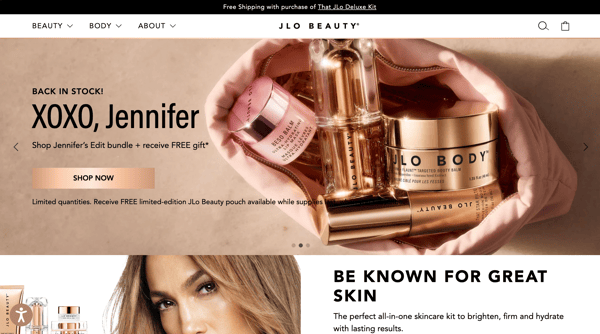 Screenshot of JLO Beauty's homepage