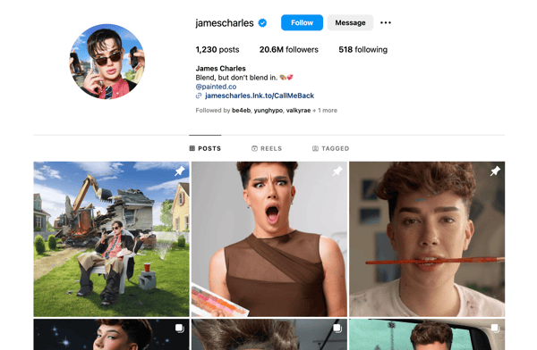 Screenshot of James Charles' Instagram post