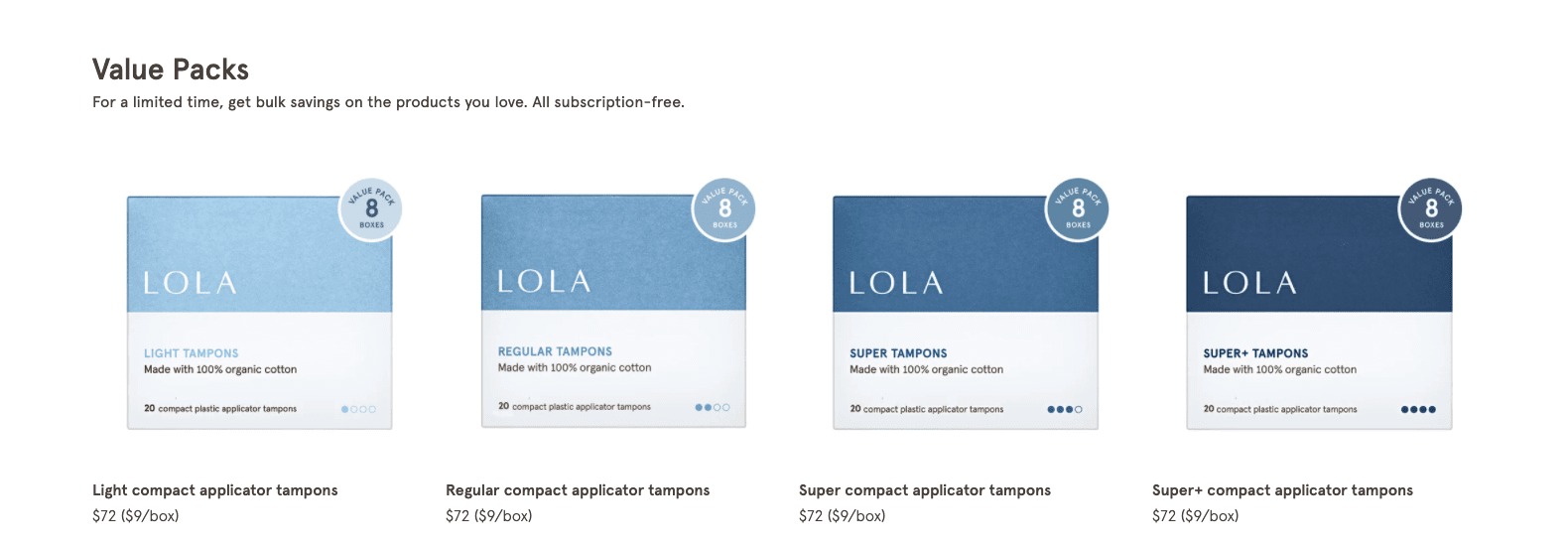 Screenshot of LOLAs value packs on their website
