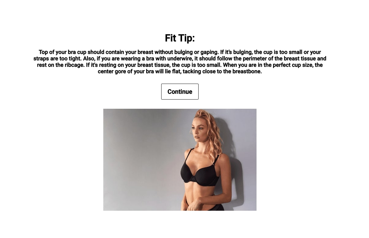 Screenshot of Le Mysteres online quiz. The page is sharing a fitting tip about how to know if your bra is the right size for you or not. It features a picture of a blonde woman wearing a black bra.