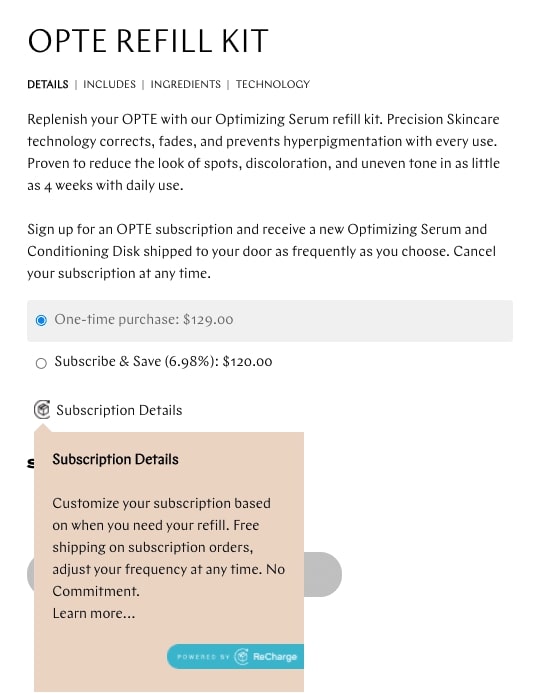 Screenshot of OPTE product page showing their subscription offer and its details