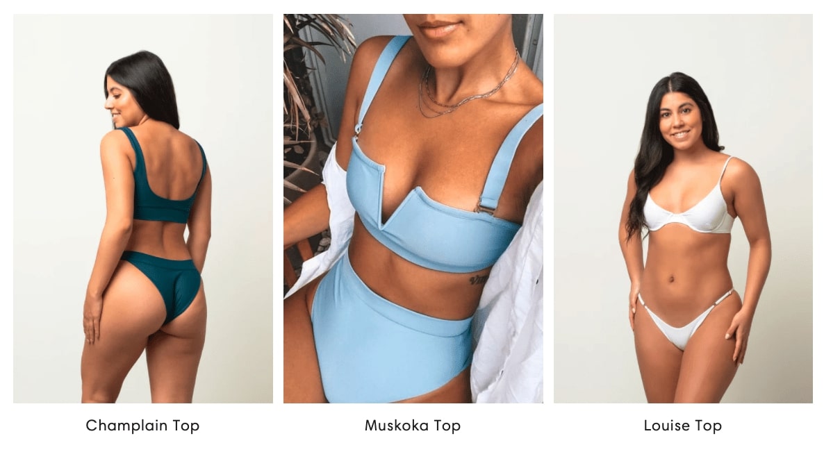 Screenshot of the LAC Swim Product page_ which features three different style bathing suits. One is a dark green_ one is a light blue_ and one is white