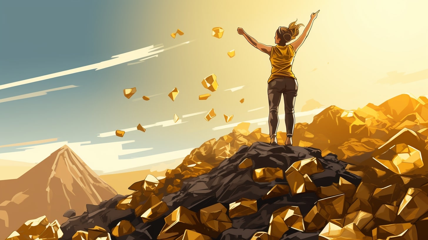 A victorious miner standing on top of a mountain of gold nuggets, symbolic of the triumphant rewards of effective review mining