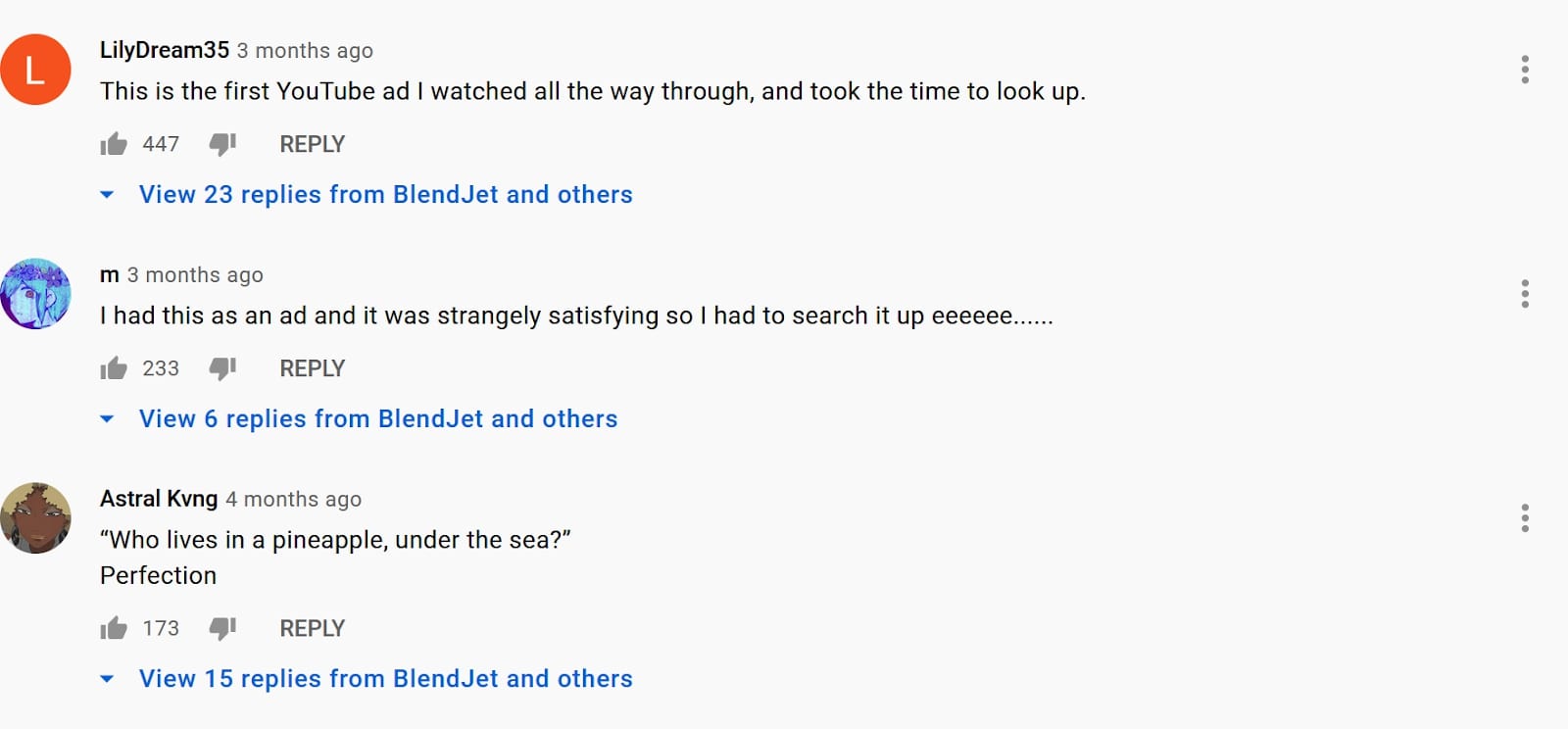 Screenshot of YouTube comments from Blendjet's community