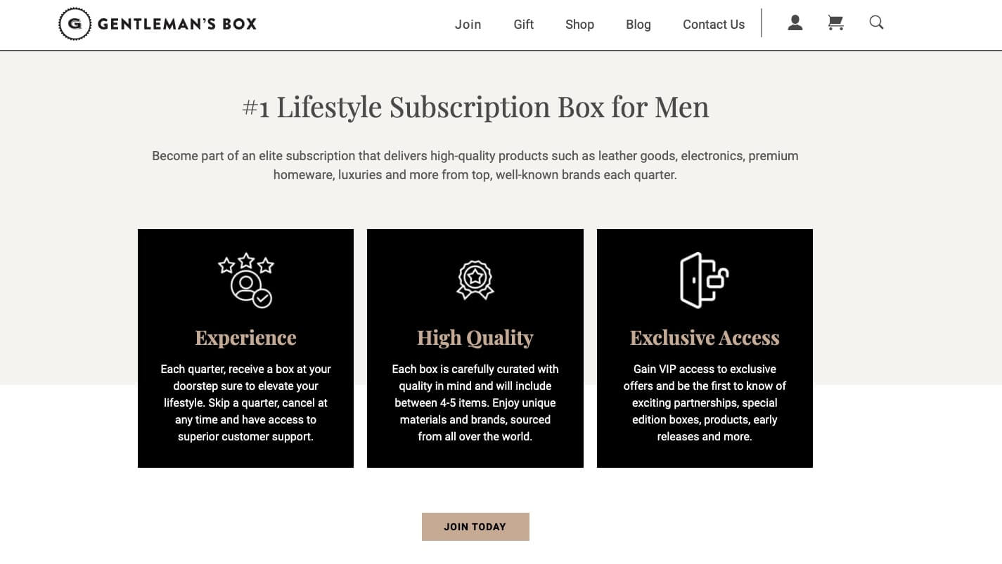 Screenshot of Gentleman's Box Subscription page