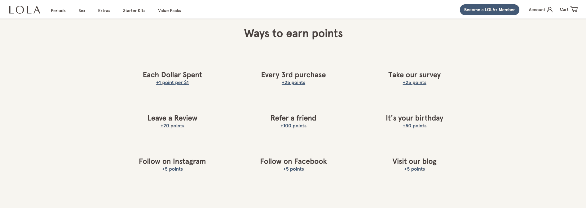 Screenshot of LOLA's rewards program page