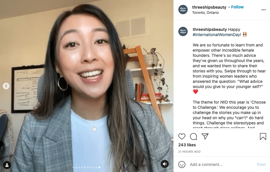 Screenshot of Three Ships Beauty Instagram Post about International Women's Day