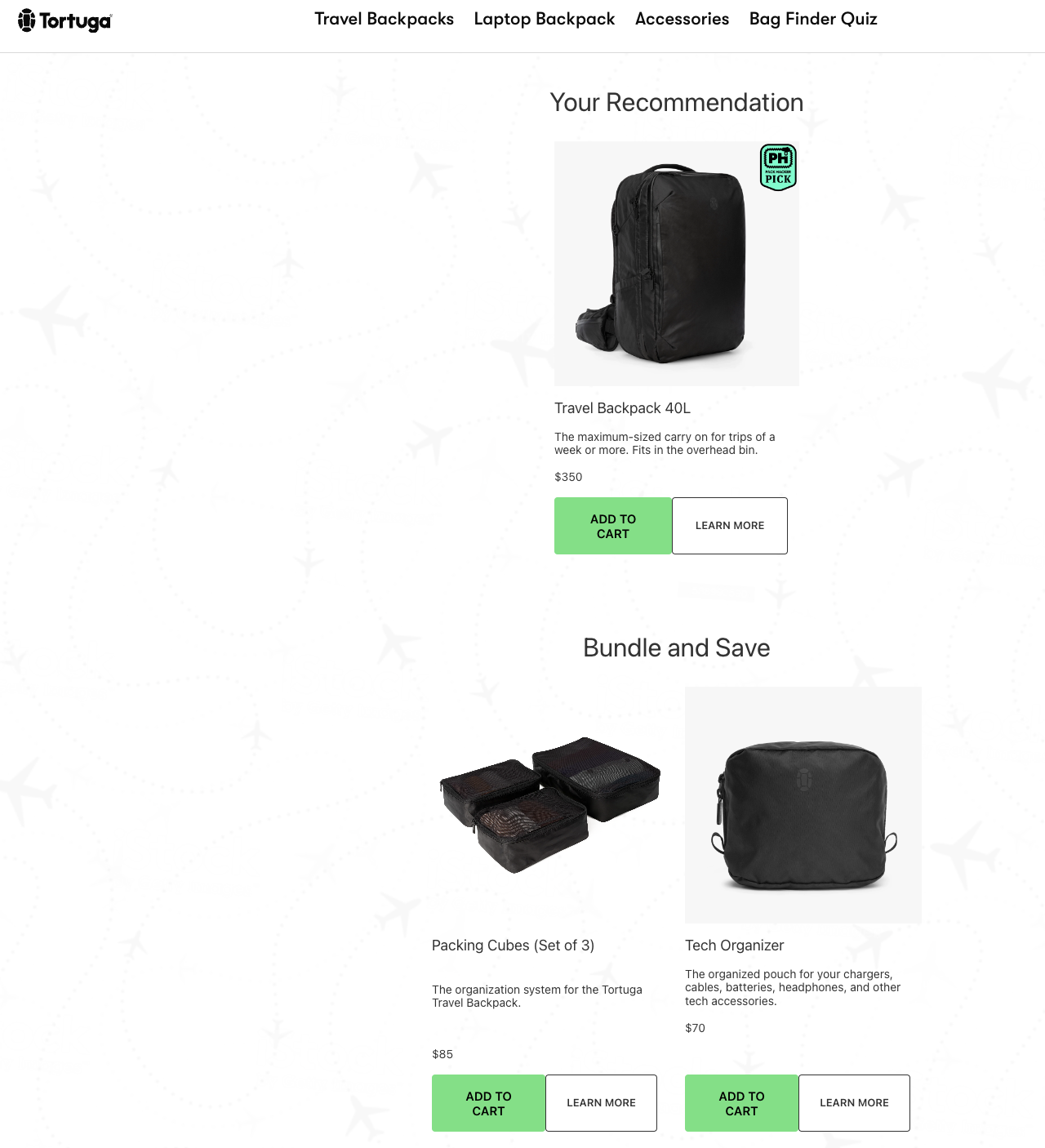 Tortuga quiz results with product recommendations